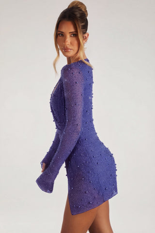 Embellished Wrap Over A-Line Mini Dress in Sapphire