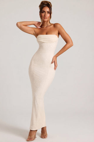 Embellished Bandeau Cowl Neck Maxi Dress in Snow