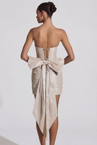 Satin Bow-Detail Strapless Mini Dress in Ivory