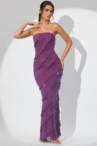 Embellished Bandeau Ruffle Maxi Dress in Plum
