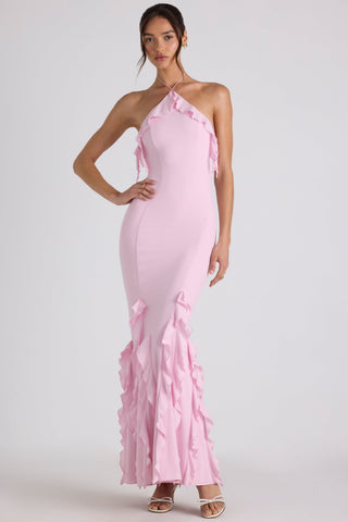 Ruffle-Trim Halterneck Gown in Soft Pink