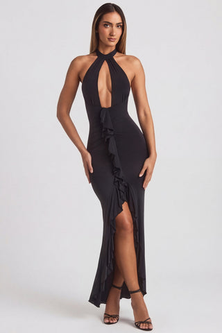 Ruffle-Trim Halterneck Gown in Black