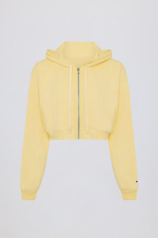 Terry Cotton Zip-Up Cropped Hoodie in Lemon