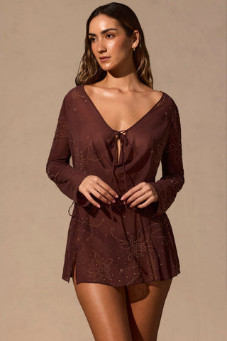 Long-Sleeve Mini Dress in Espresso Brown