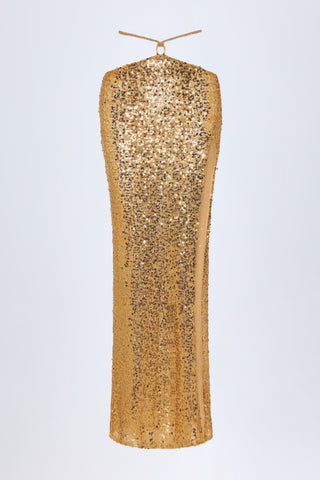 Embellished Hardware-Detail Strappy Maxi Skirt in Gold