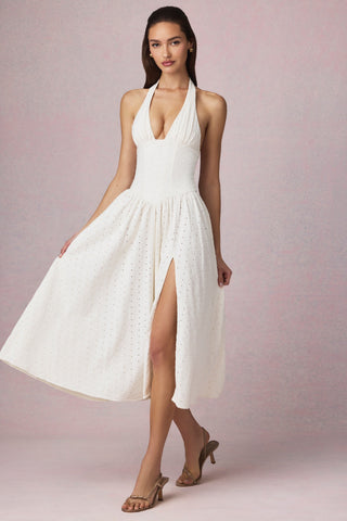 Modal Broderie Anglaise Halterneck Midaxi Dress in White