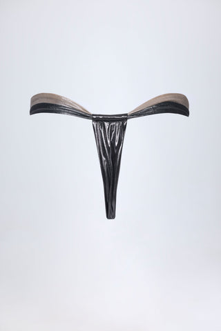 Ruched Thong Bikini Bottoms in Silver Chrome