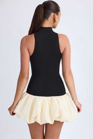Modal Turtleneck Drop-Waist Bubble Hem Mini Dress in Black