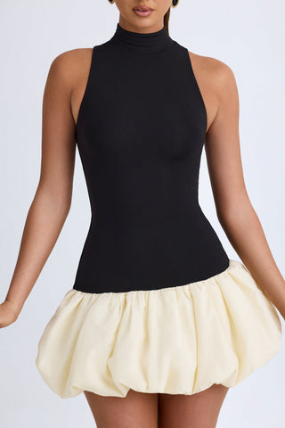 Modal Turtleneck Drop-Waist Bubble Hem Mini Dress in Black
