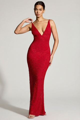 Embellished Plunge Neck Evening Gown in Red