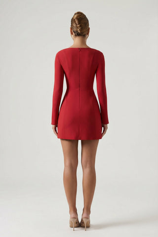 Sweetheart-Neck Long-Sleeve A-Line Mini Dress in Red