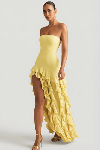 Ruffle-Trim Strapless Gown in Pastel Yellow