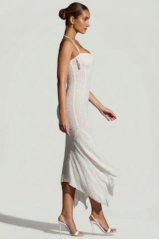 Embellished Handkerchief Hem Maxi Dress in White