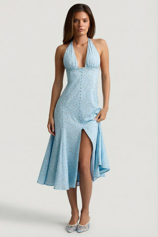 Halterneck Midaxi Dress in Blue Flower Print