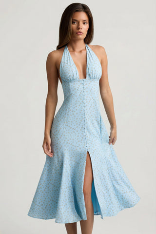 Halterneck Midaxi Dress in Blue Flower Print
