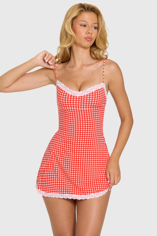 Modal Lace-Trim Mini Dress in Red Gingham