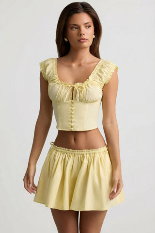 Ruched Cotton-Poplin Mini Skirt in Lemon Yellow