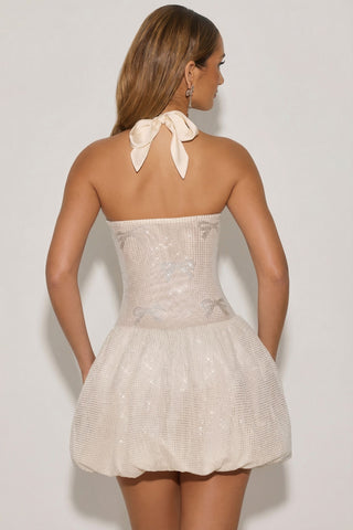 Embellished Halterneck Bubble Hem Mini Dress in Ivory