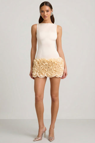 Satin Floral Appliqué Open-Back Mini Dress in Ivory