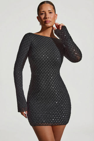 Embellished Open-Back A-Line Mini Dress in Black