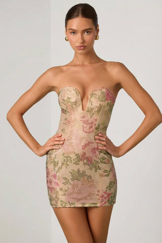 Embellished Sweetheart-Neck A-Line Mini Dress in Rose Hotfix