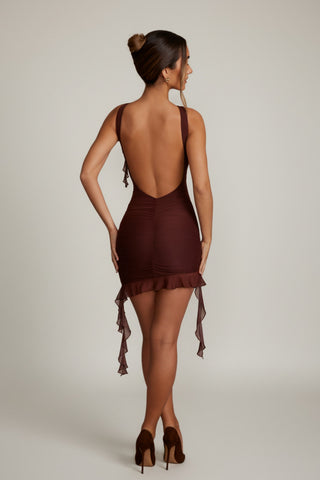 Backless Ruffle Detailing Mini Dress in Brown