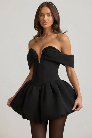Off-Shoulder Layered Bubble Hem Corset Mini Dress in Black