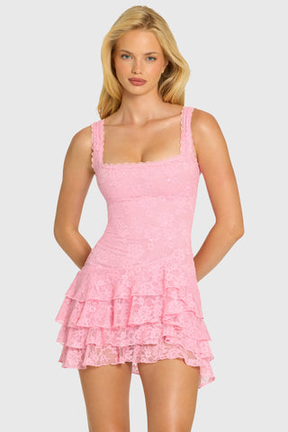 Sequin Lace Ruffle Mini Dress in Blossom