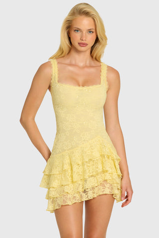 Sequin Lace Ruffle Mini Dress in Butter