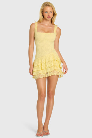 Sequin Lace Ruffle Mini Dress in Butter