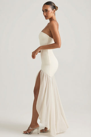Asymmetric Strapless Fishtail Maxi Dress in Ivory