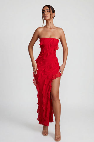 Bandeau Ruffle Detail Maxi Dress in Red