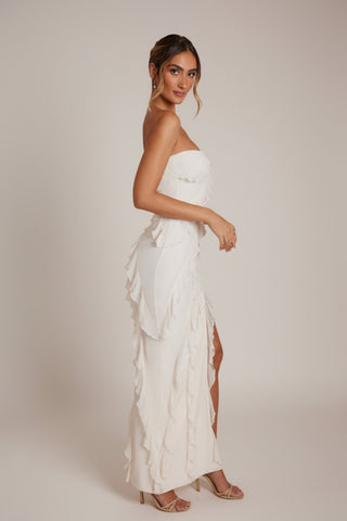 Bandeau Ruffle Detail Maxi Dress in Ivory