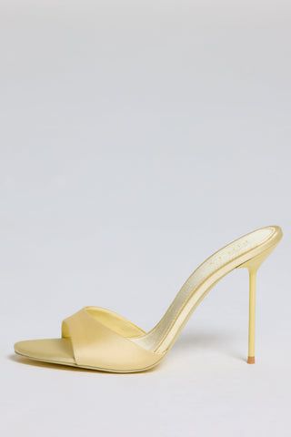 Satin Heeled Mule Sandal in Butter Yellow