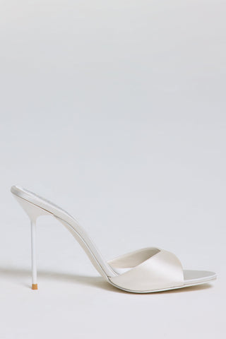 Satin Heeled Mule Sandal in Pearl White