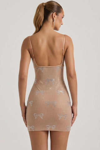 Embellished Bow-Detail Mini Dress in Almond