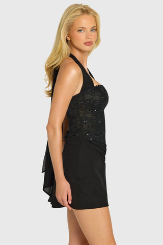 Sequin Lace Corset Mini Dress in Black