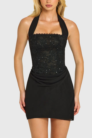 Sequin Lace Corset Mini Dress in Black
