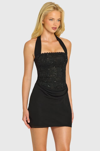 Sequin Lace Corset Mini Dress in Black