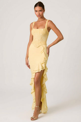 Embellished Ruffle-Trim Corset Gown in Yellow