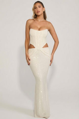 Embellished Cut-Out Draped Corset Gown in White
