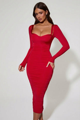 Layered Bra-Detail Ruched Midaxi Dress in Red