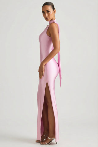 Asymmetric Scarf-Detail Maxi Dress in Soft Pink