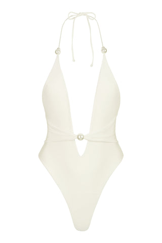 Halterneck Thong Swimsuit in Pearl