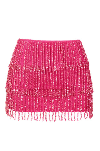 Fringed Low-Rise Mini Skirt in Raspberry