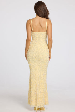 Embellished Square-Neck Maxi Dress in Butter Yellow