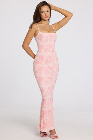 Embellished Square-Neck Maxi Dress in Soft Pink Ombre