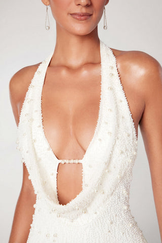 Deep Plunge Embellished Mini Dress in White
