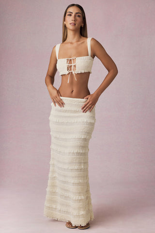 Ruffled Mid-Rise Maxi Skirt in Ivory