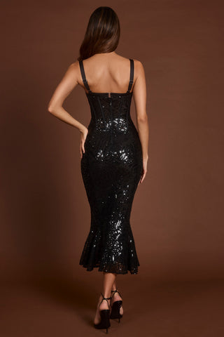Embellished Peekaboo Corset Midaxi Dress in Black Zebra